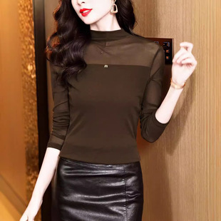 Autumn and Winter 2024 New Style Temperament Versatile Semi-high Collar Solid Color Long Sleeve Mesh Base Shirt Thin Top T-Shirt X20