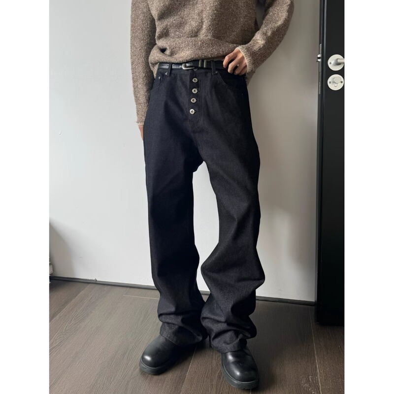 American Retro High Street Fashion Brand Five-Button Original Color Stiff Stacked Wide-Leg Scimitar Raw Denim Jeans for Men