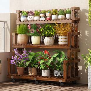 New Anti-Corrosion Wood Flower Rack Storage Rack Balcony Living Room Floor-Standing Solid Wood Multi-Layer Mobile Wall-Mounted Succulent Pothos Plant