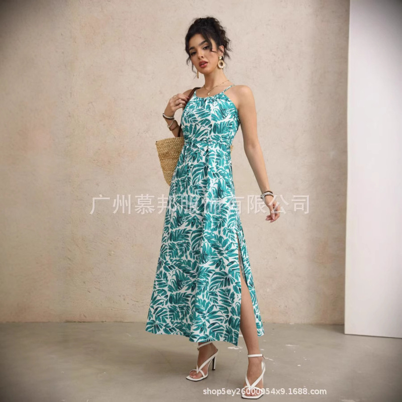 Women's Tie Neck Botanical Print Thigh High Slit Vacation Dress