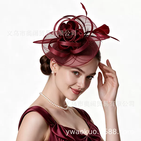 Cross-border Amazon Wish vintage bridal headpiece, mesh head flower, horse racing society lady's banquet feather hair accessory
