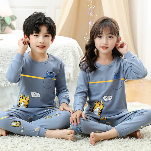Children's innerwear set for autumn and winter, pure cotton, unisex, including tops and bottoms, suitable for middle children, pajamas, cotton-lined sweaters, warm pants.