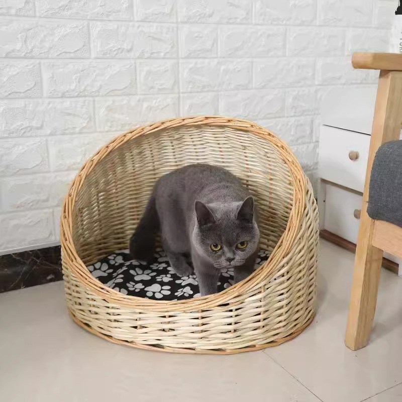 Perro de mimbre, nido para gatos, cuatro estaciones, casa para gatos de ratán universal, verano, perro pequeño y mediano extraíble y lavable, nido para mascotas tejido de peluche