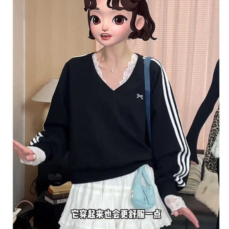 American Style Black V-neck Long Sleeve Sweat Women's Autumn and Winter 2024 New Lace Stitching Hats Loose Design Top