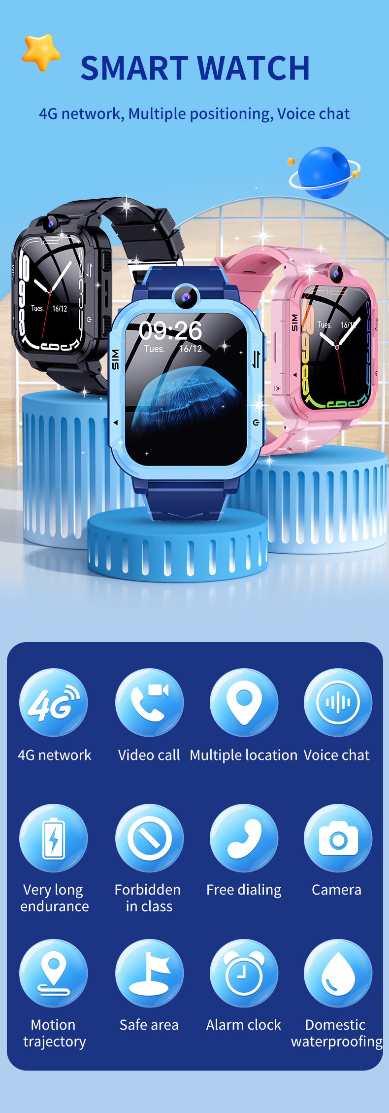 Cross-border foreign language Y76 children's phone smartwatch, 4G video call, photo, waterproof, foreign language and multiple languages full figure