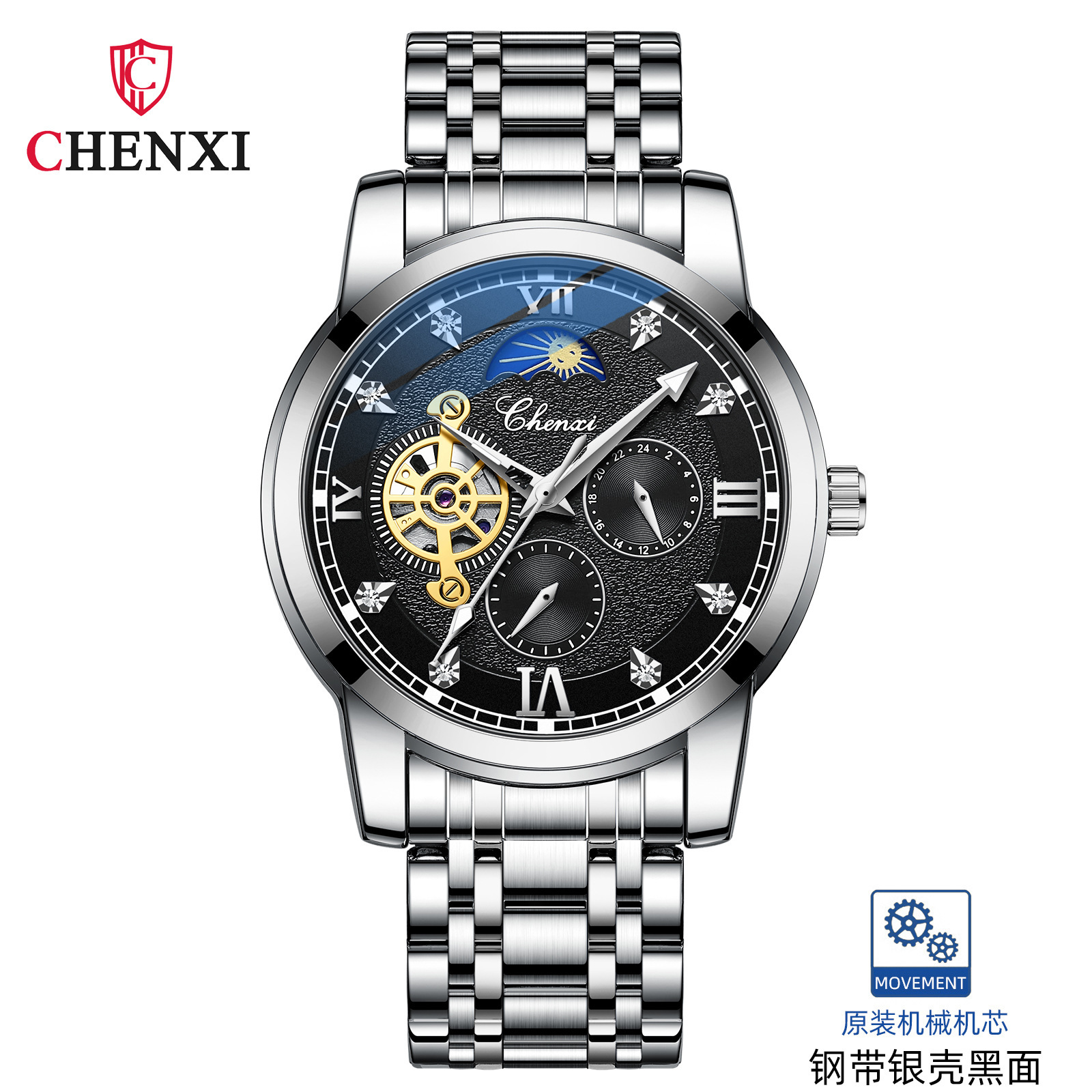 CHENXI reloj casual reloj mecánico automático de los hombres fase lunar nueva mariposa hebilla correa de acero hueco-hacia fuera transparente inferior