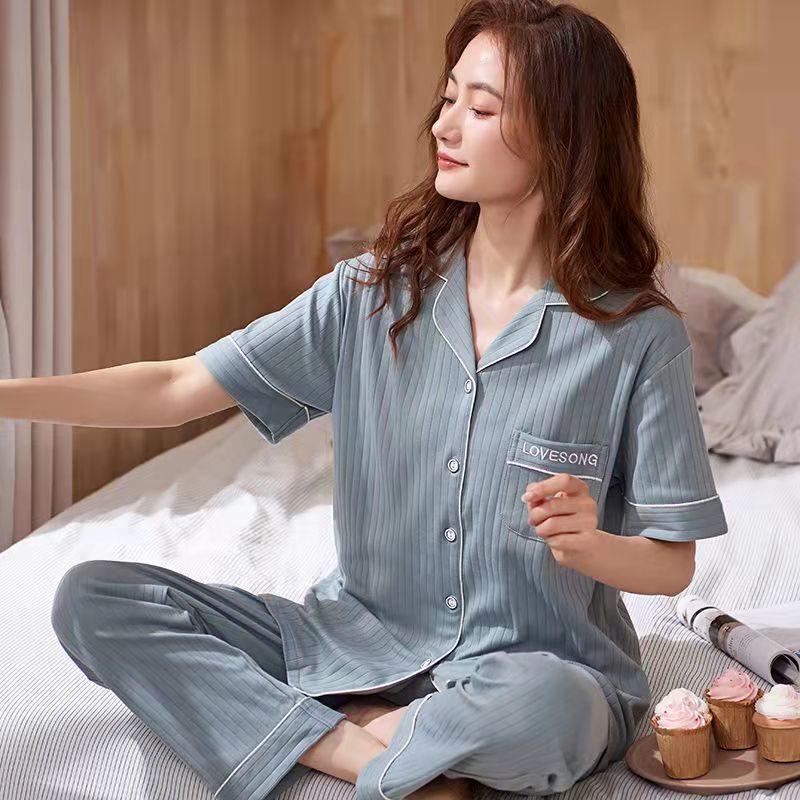 Pijamas pantalones de manga corta de algodón de verano de las mujeres traje de ropa para el hogar primavera y otoño Chaqueta de punto de las mujeres de la solapa delgada se puede usar fuera