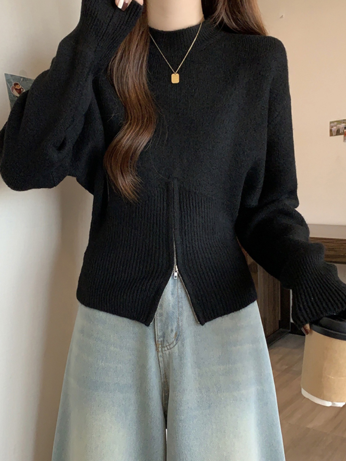 플러스 사이즈 통통녀 하프 하이 칼라 니트베이스 셔츠 여자 겨울 두꺼운 스웨터 내부 지퍼 불규칙한 쇼트 탑