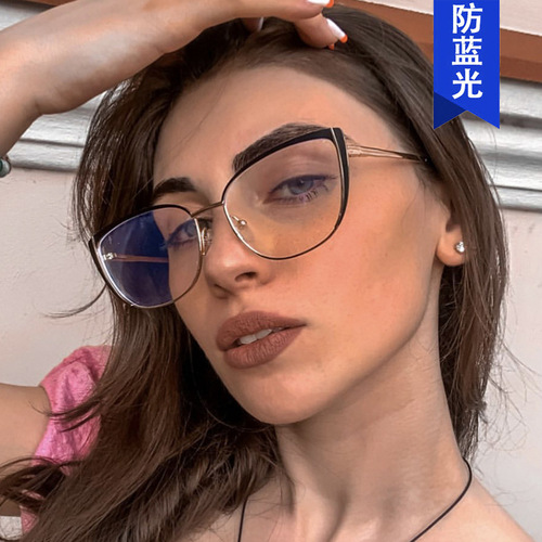 Cross-border European and American ins cat-eye metal glasses frame  new anti-blue light flat mirror painted glasses frame personality
