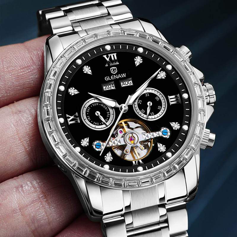 Đồng hồ nam automatic lộ máy dây thép — Xám mặt bạc vỏ bạc dải thép, Dải thép Intergold, Dải thép đen vỏ bạc, Hồng Shell Green Side thép dải
