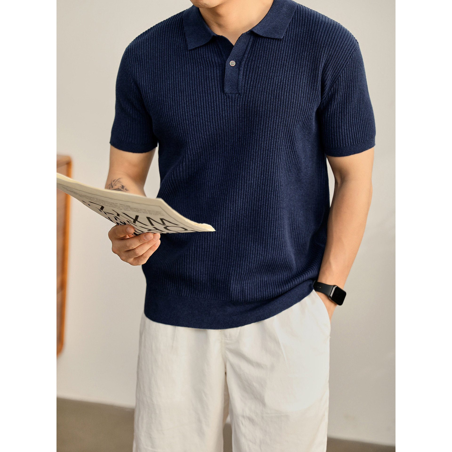 Polo camiseta de punto camiseta de manga corta camiseta de hombre cuello en V Paul rayas viejas líneas de negocios de verano fábrica transfronteriza mayorista