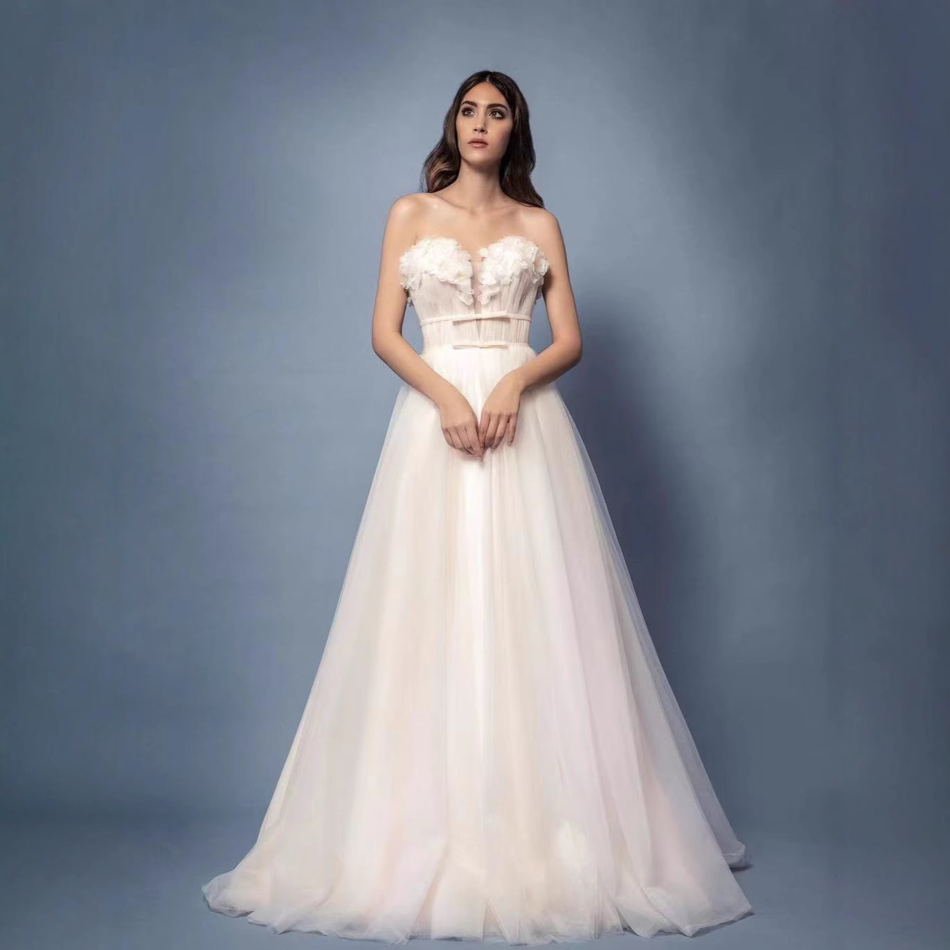 Cross-Border European and American Foreign Trade Popular Independent Site Strapless Pink Three-Dimensional Floral Mesh A-Line Sexy Backless Evening Dress