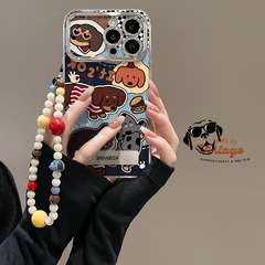 漫画風アメリカンカウボーイダックスフントチェーン付きiPhone 16 Pro Max用スマホケース、15電気メッキウィンドウ、17スタンド付き