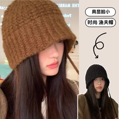 新款渔夫帽女秋冬纯色毛线帽保暖护耳冷帽显脸小堆堆帽百搭针织帽