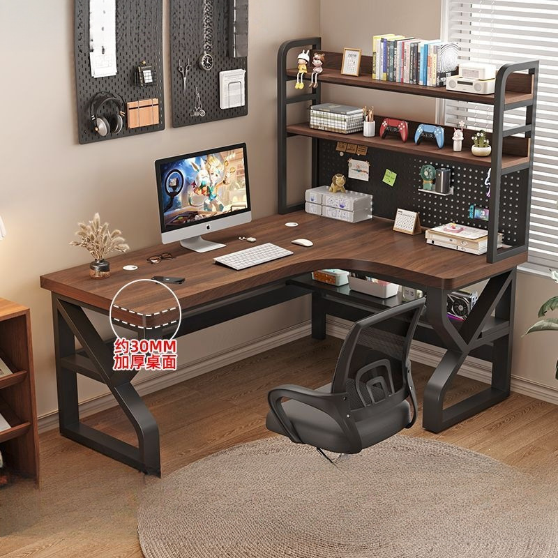 Solid wood desk with bookshelf, integrated corner computer desk for home, bedroom, study, office desk, student study and writing desk