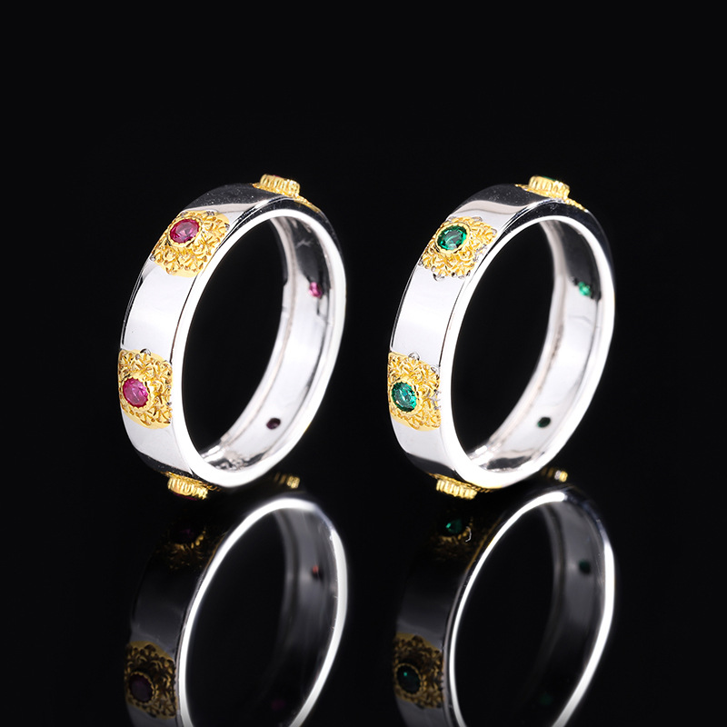 Zhuang Sheng joyería S925 plata simulación Esmeralda rojo corindón geométrico moda retro anillo de fila al por mayor