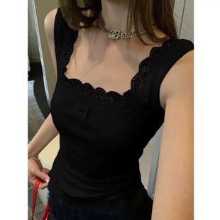 Threaded Lace White Camisole Women's Bow Lace Outer Wear New Summer Slim Short Bottoming Top