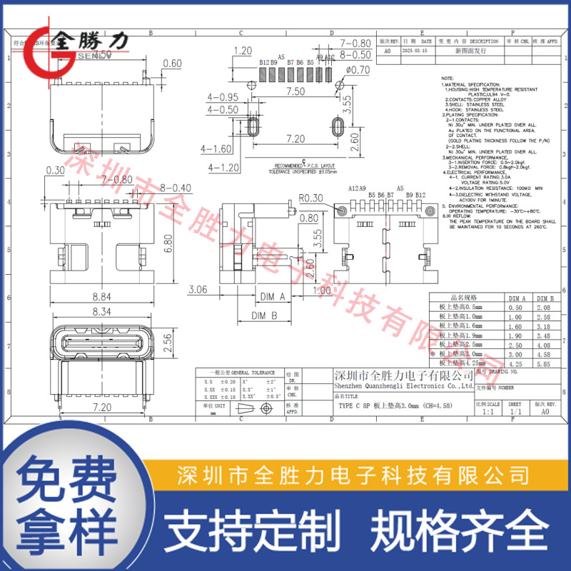 TYPE C8P垫高母座板上卧贴加高1.0 1.6 1.9 2.5 3.0 4.25 CH5.85|undefined