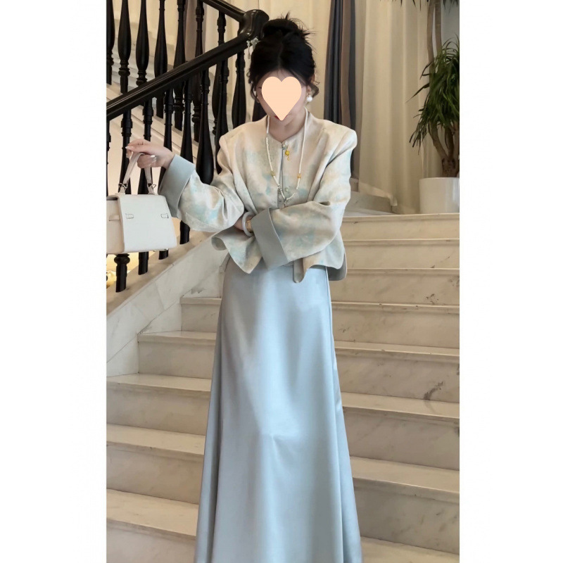 新中式国风套装女2025春季新款提花盘扣气质外套缎面半身裙两件套|undefined