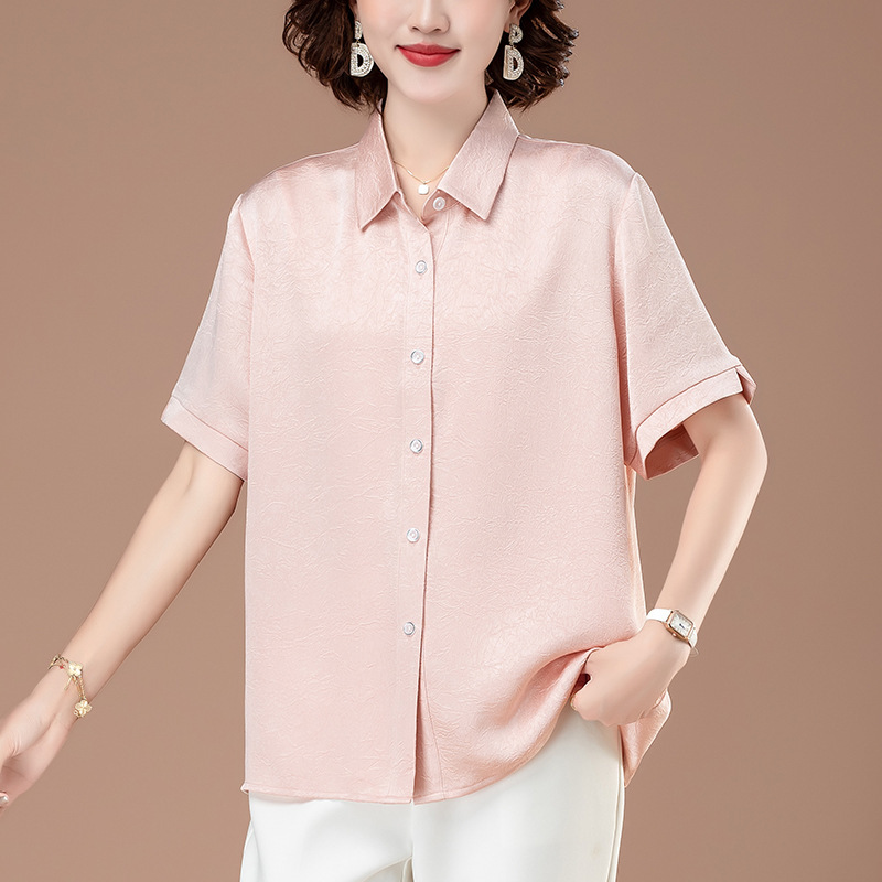 中年母親の新しいシフォン半袖シャツ、女性用のスタイリッシュな大きいサイズのルーズシャツ、夏の軽い高級感と高級感のあるトップス|undefined