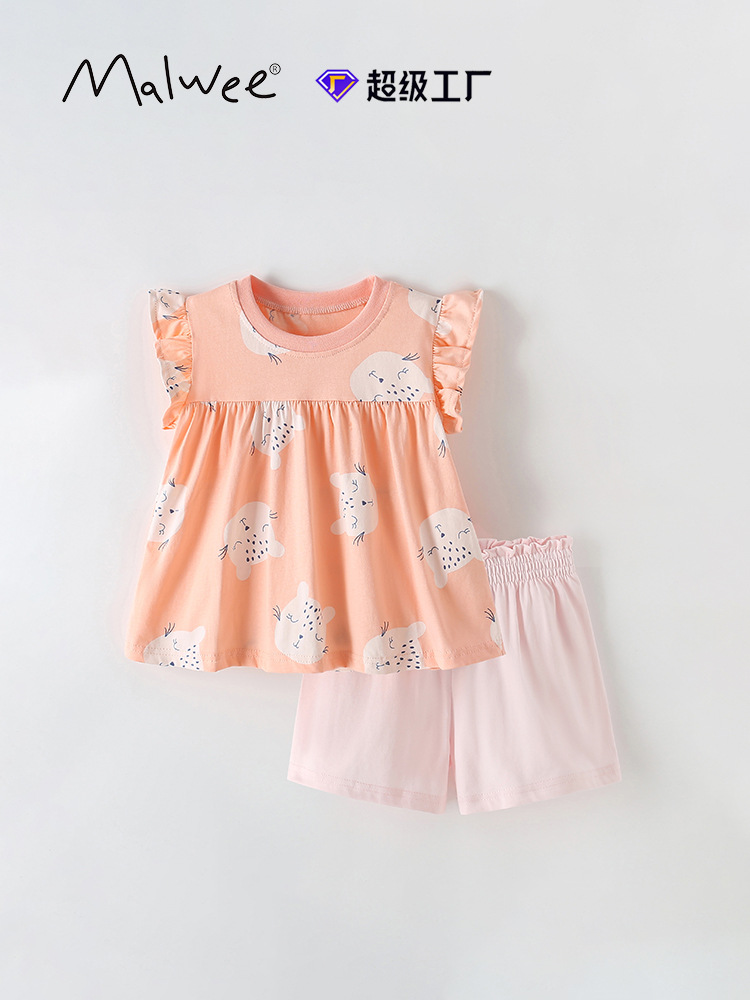 Traje de niña malwee transfronterizo, nuevo estilo de verano, cuello redondo, traje de dos piezas para niños pequeños y medianos europeos y americanos, ropa linda para niñas