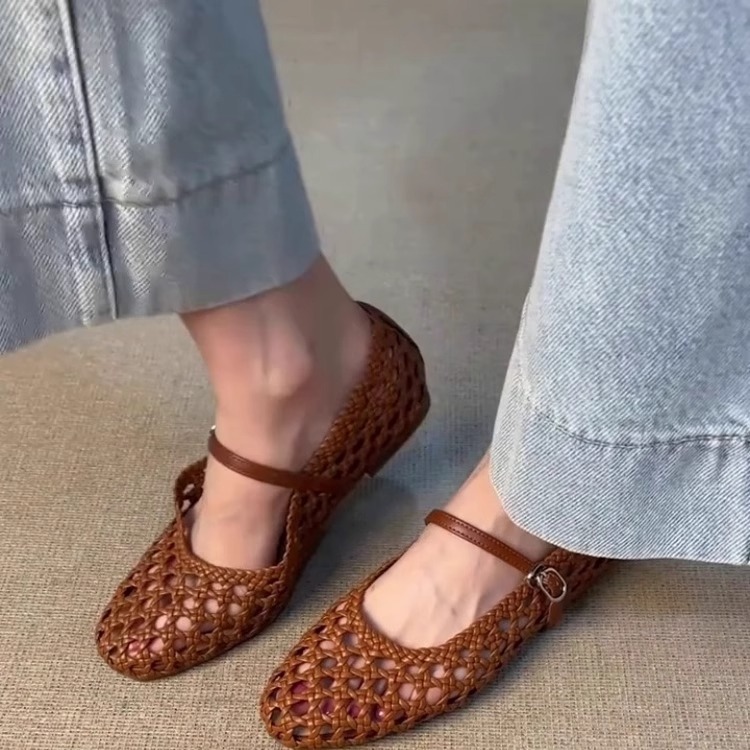 フレンチスタイルの中空織りフラットメッシュサンダル、女性用夏織りワンラインバックルストラップ浅い豚かご靴|undefined