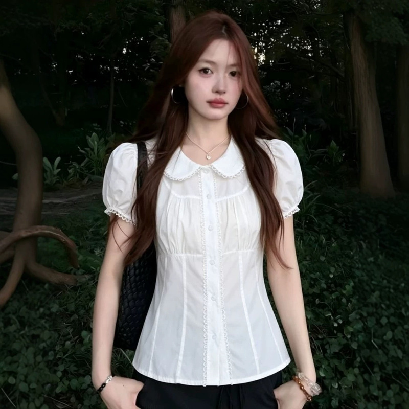 Lace doll collar white short-sleeve shirt for women, new summer style, waist-cinching, pleated, slim-fit, short, gentle blouse top Lace doll collar white short-sleeve shirt for women, new summer style, waist-cinching, pleated, slim-fit, short, gentle blouse top