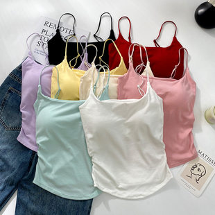 Sewn cotton solid color pleated camisole for women with breast pads for outer wear and inner wear purple new waist and back beautiful top for summer