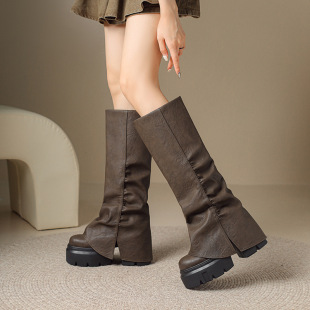 12cm Invisible Inner Height Boots Leather Thick Bottom Boots Autumn and Winter Short High Boots Super High Heel Women's Boots