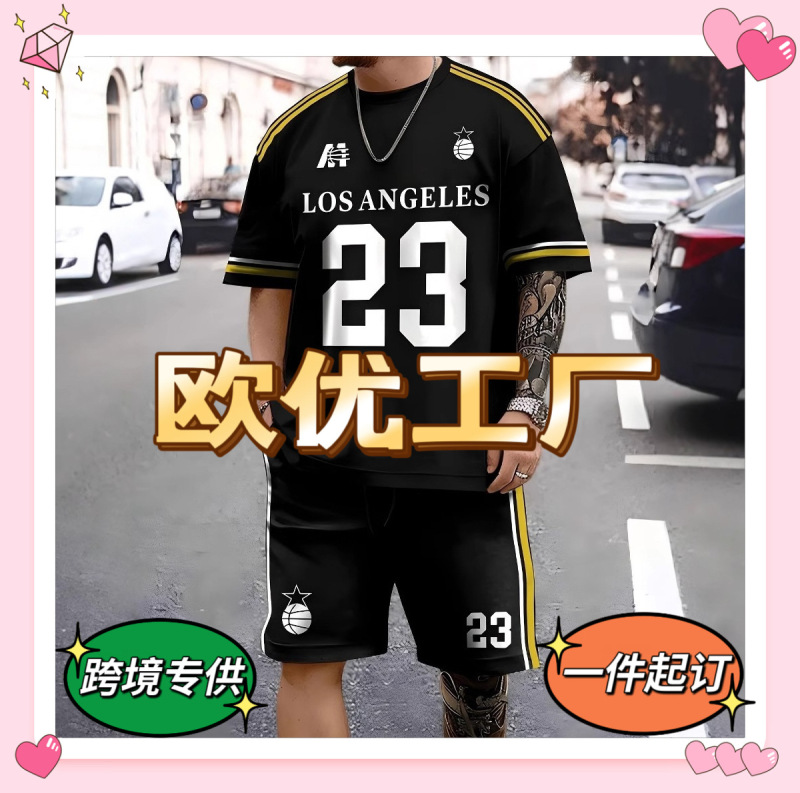 2026 Cross-Border Hot-Selling Set of Fashionable Short-Sleeved T-Shirts and Pants, Loose-Fitting Men's Clothing, 3D Digital Printing, Sports and Leisure T-Shirts
