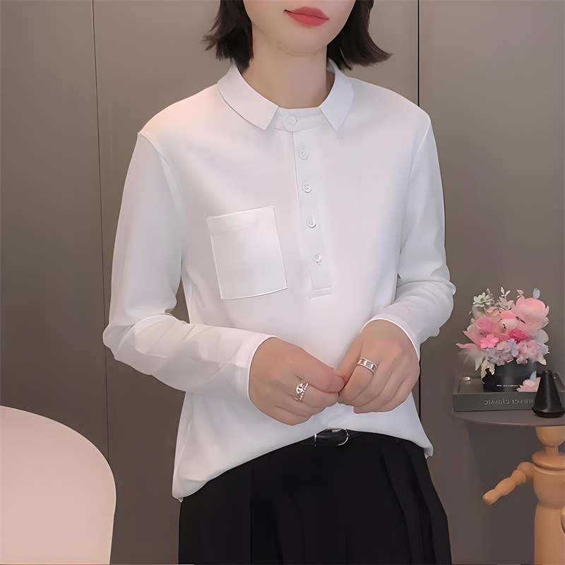 Korean-style casual pocket design polo collar long-sleeve shirt for women, 2025 autumn new stylish simple versatile top