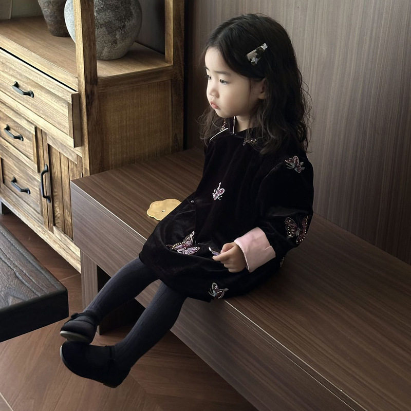 汉服女童旗袍裙秋冬儿童国风刺绣蝴蝶立领长袖连衣裙宝宝周岁礼服|undefined