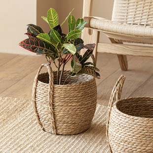 Wholesale Pastoral Style Seagrass Woven Handmade Flower Basket with Handle Rattan Decorative Flower Pot Large Double-Sided Clothing Basket