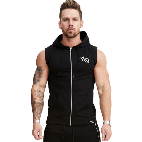 Factory Hot Selling Fitness Summer Sports Hooded Sleeveless Backless Top Elastic Training Gym Tank Top Men