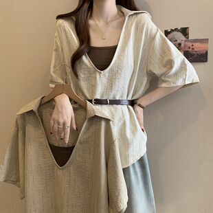 Plus Size Women's Clothing with Belt to Tighten Waist, Deep V Neck Short-Sleeved Shirt for Women 2025 Summer Elegant Loose Slimming Look Shirt Top