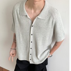 美式2025冰丝衬衫男高级感宽松小众弹力短袖针织开衫线衣薄外套