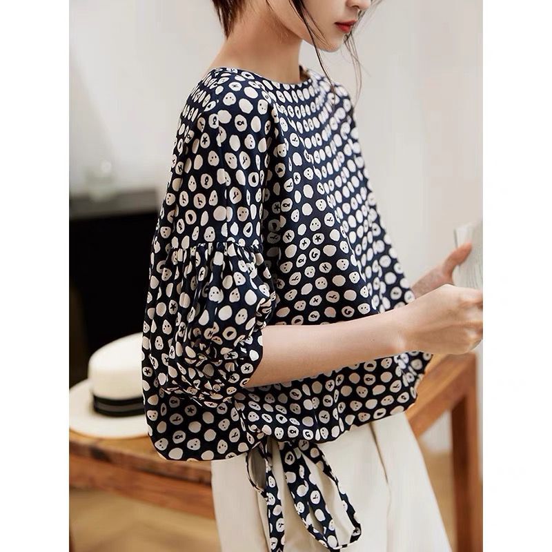 Silk Mulberry Silk Shirt Women's Round Neck Half Sleeve 2025 Spring and Summer French Fashion Printed Puff Sleeve Top for White Silk Mulberry Silk Shirt Women's Round Neck Half Sleeve 2025 Spring and Summer French Fashion Printed Puff Sleeve Top for White