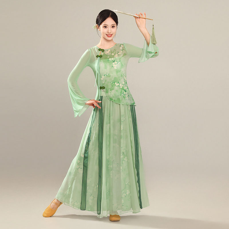 新款舞蹈旗袍服女纱衣古典中国练功弹力身韵古典舞飘逸演出服套装|undefined