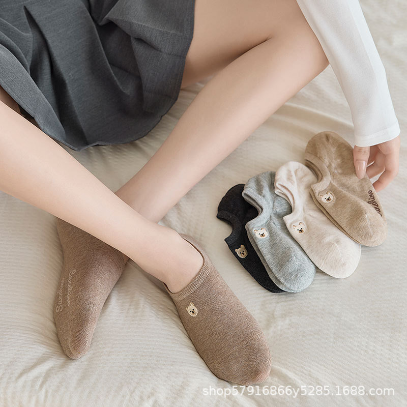 Cartoon Animal Women's Thin Boat Socks Cute Embroidered Socks Sweat-absorbent Breathable Non-slip Short Socks Summer Women's Invisible Socks