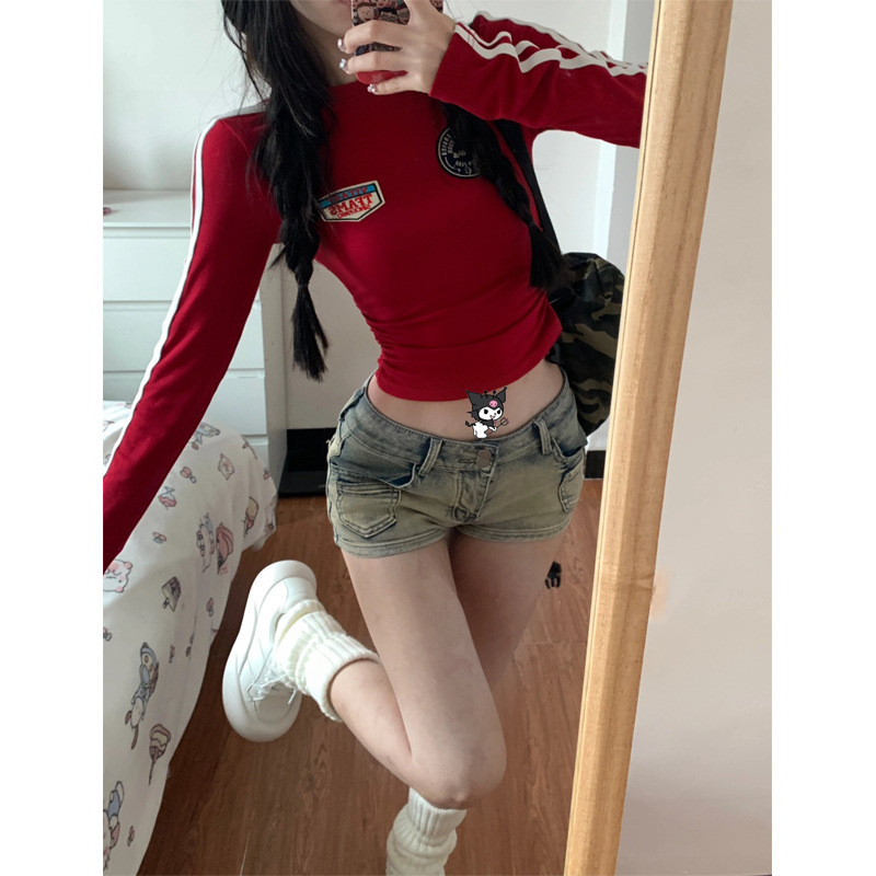 American Style Retro Red Long-sleeved Base Shirt T-shirt Women's Autumn Round Neck Printed Slim-fit Spice Girl Short Inner Top