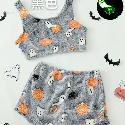 Foreign trade Halloween luminous flannel pajamas women's autumn and winter fleece-lined warm casual home suit graffiti luminous pants