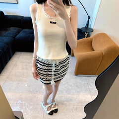 MM中性色针织女士花边T恤/背心提花字母2025夏季修身显瘦百搭短袖