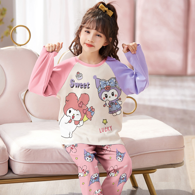 MERLOT GIRLS PAJAMAS 2024 새로운 봄과 가을 모조 면 어린이 소녀 큰 어린이 에어컨 홈 옷 공주 여름