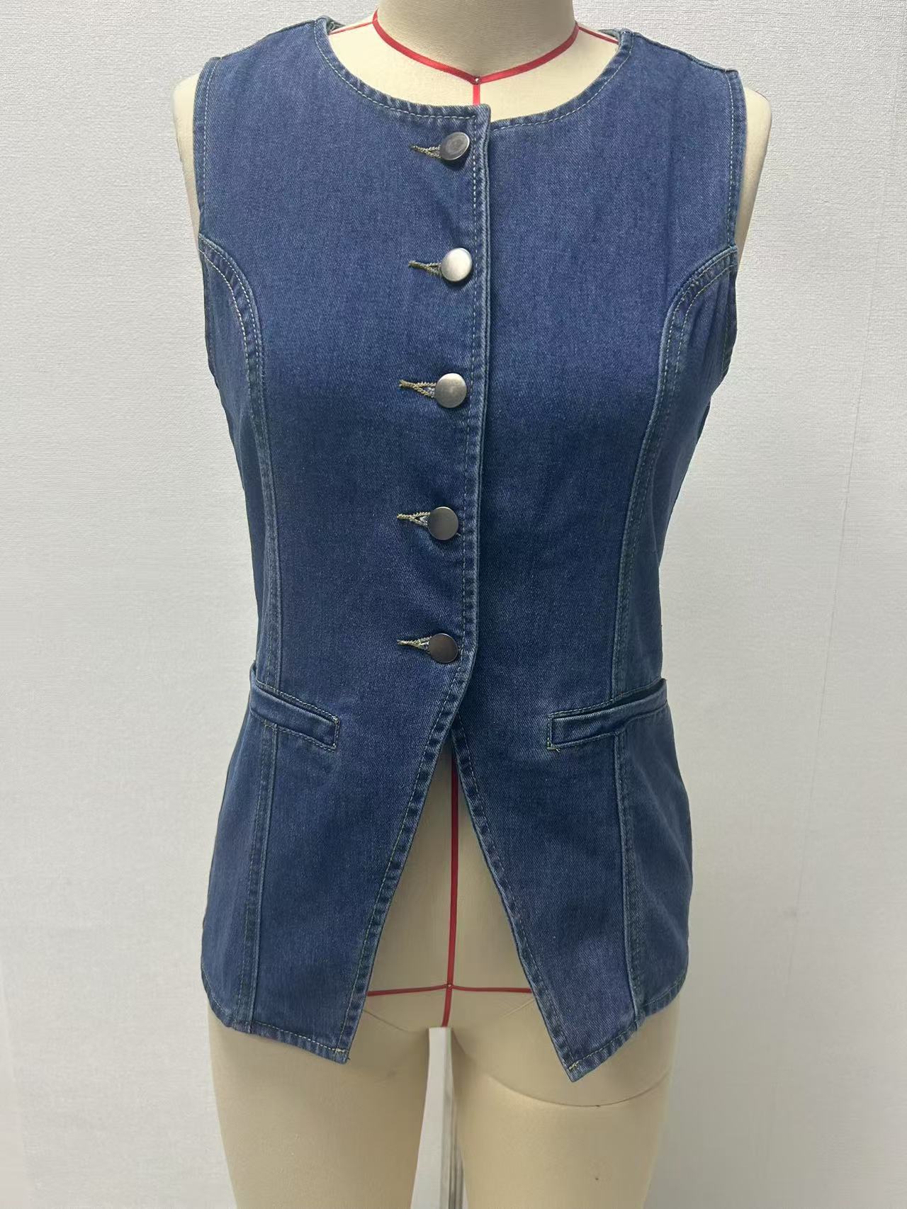262g Weight Sleeveless Sleeve Length Single Breasted Placket Type Polyester, Denim Fabric Type Regular Top Length Vest Tops Type Holiday, Travel, Daily Occasion Round Neck Neckline Slim Fit Type Solid Color Pattern Summer Season Women's Gender Streetwear Style Wholesale Women's Streetwear Solid Color Sleeveless Tank Tops 4