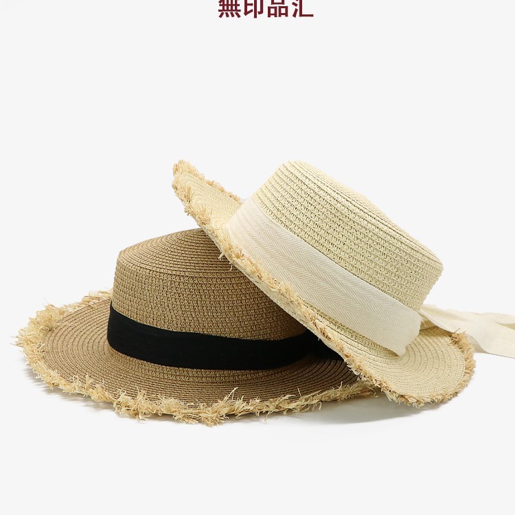 ヘボンスタイル麦わら帽子女性の夏の海辺の日焼け止めフラットトップハットフレンチ大きなつばの太陽漁師の帽子|undefined