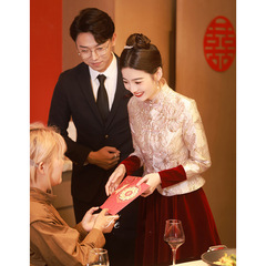 新中国式敬酒服花嫁セットワインレッド秀イネ服チャイナドレス回門ベルベット長袖婚約ドレス
