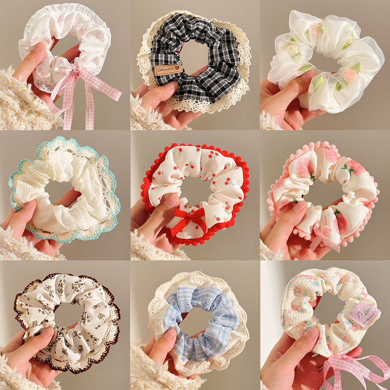 Collection of Various Scrunchies with Small Floral Lace Edges, Korean-Style Scrunchies, Cute Trendy Sweet Girl Hair Ties