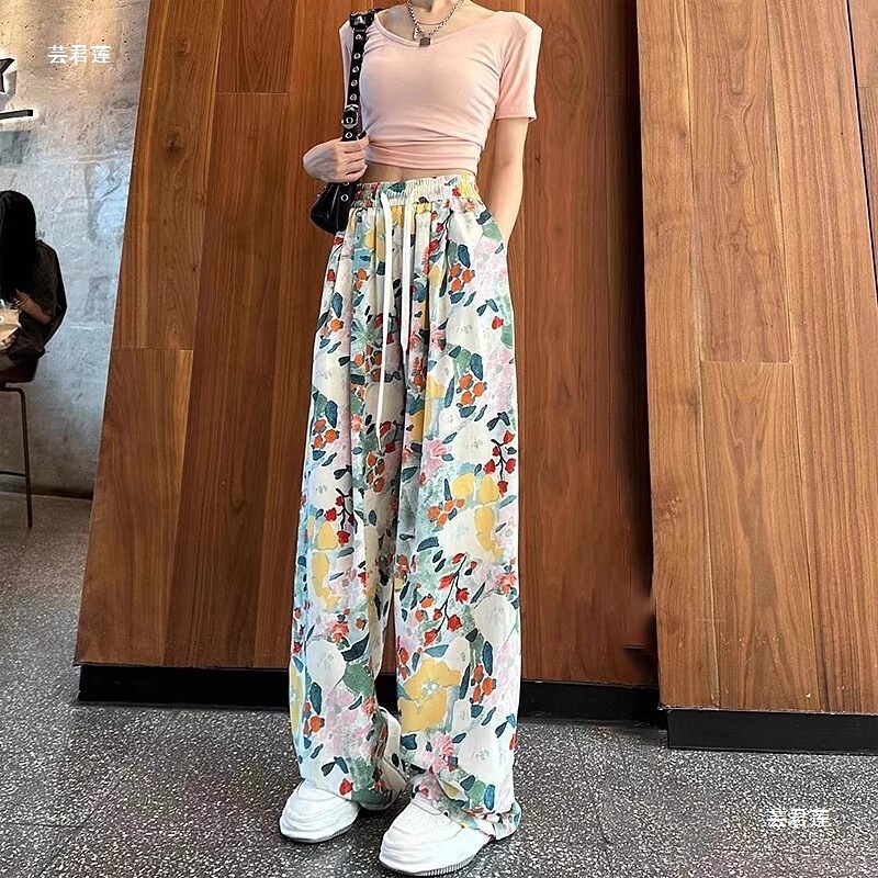 [大きいサイズ 40-150kg] ハイウエストワイドレッグパンツ夏薄氷シルクシフォンクールプリントビーチカジュアルパンツ|undefined