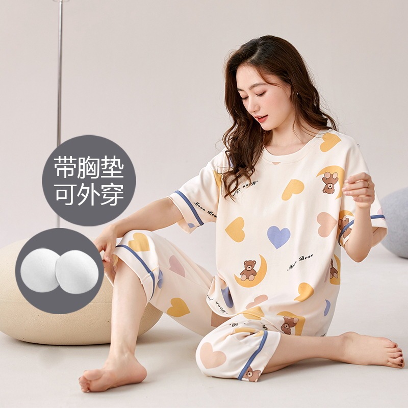 Pajamas with Breast Pads, Summer Women's Cotton Short-Sleeved Cropped Pants, Cute Cartoon Style Loose-Fitting Outerwear Home Wear Set