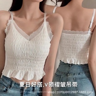 V-Neck Ruffled Lace-Trimmed Chiffon White Tank Top Short Trendy Camisole Outerwear Slim-Fit Base Layer Women's Underwear